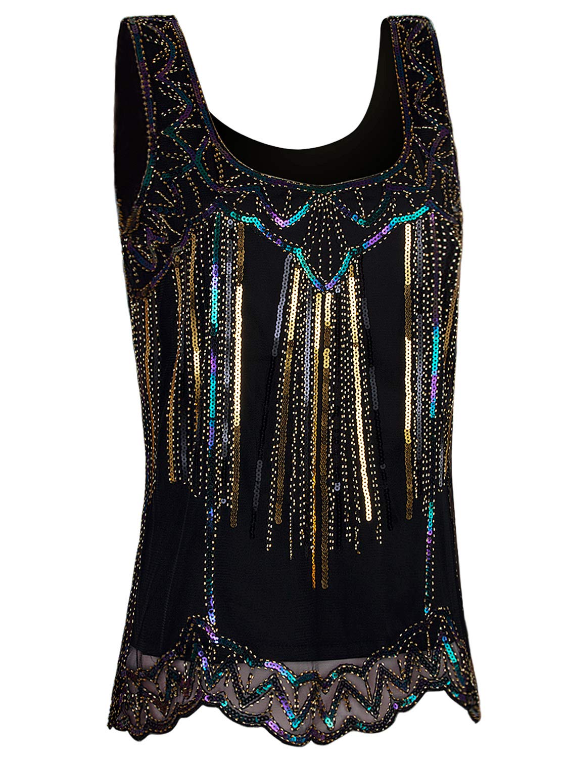 Vijiv Womens 1920s Vintage Beaded Tops Art Deco Sleeveless Embellished Sparkly Sequin Vest Tank Top Black Gold