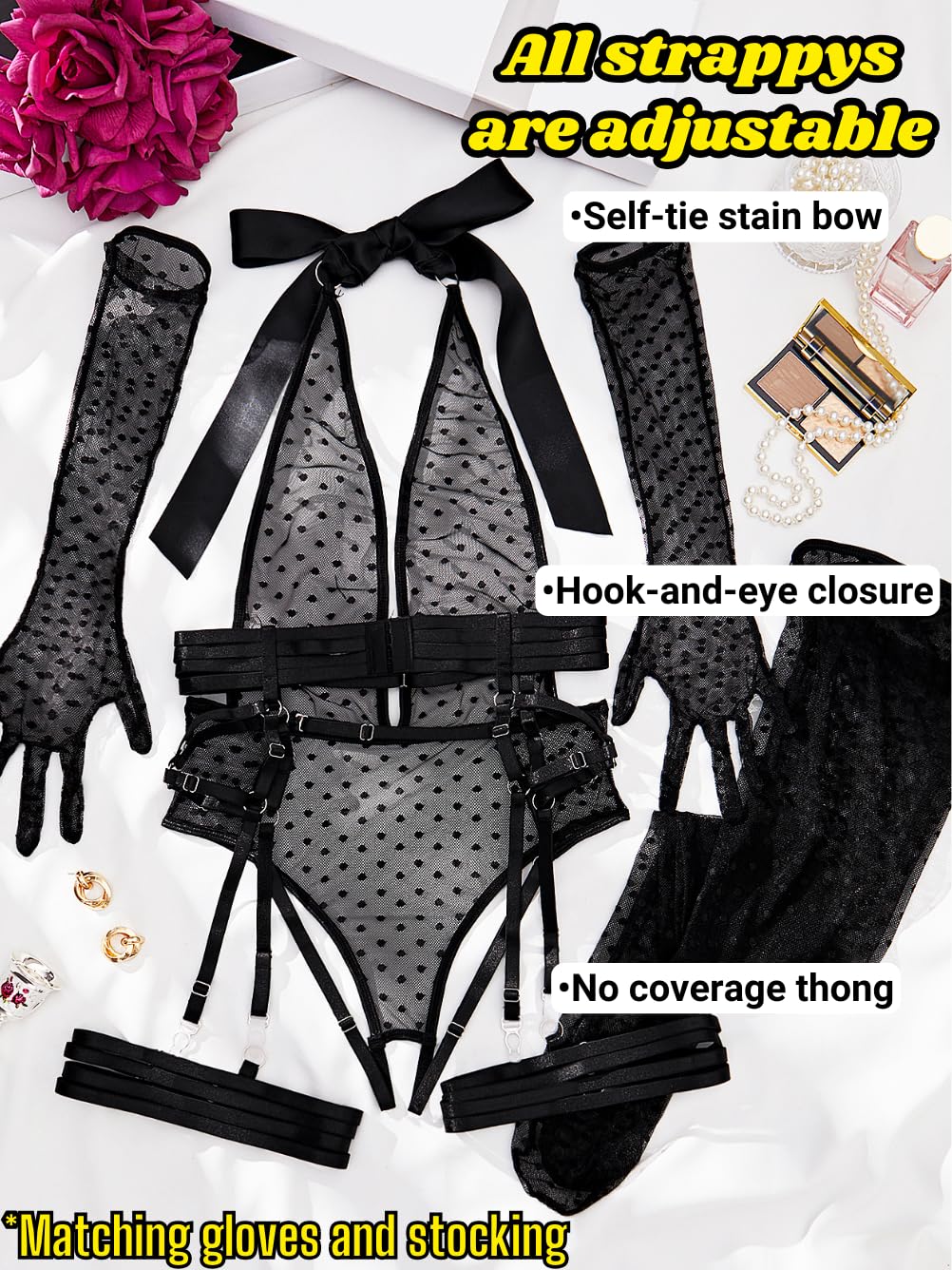 ChiaoLezhee Sheer Mesh Bodysuit, Exotic Wear Dancer, Sexy Lingerie 5 PC For Women Thigh High Stockings Garter Belt Dancewear, Black, Medium