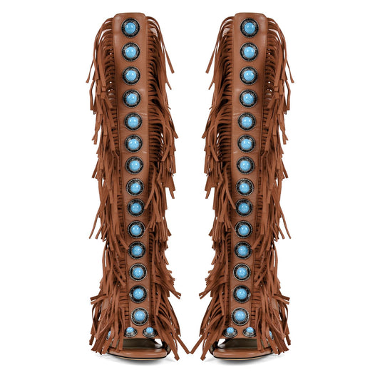 Richealnana Women's Fringe Studded Jewel Zipper Open Toe Knee High Sandals Stilettos Tassel Shoes For Party Prom Brown US 9