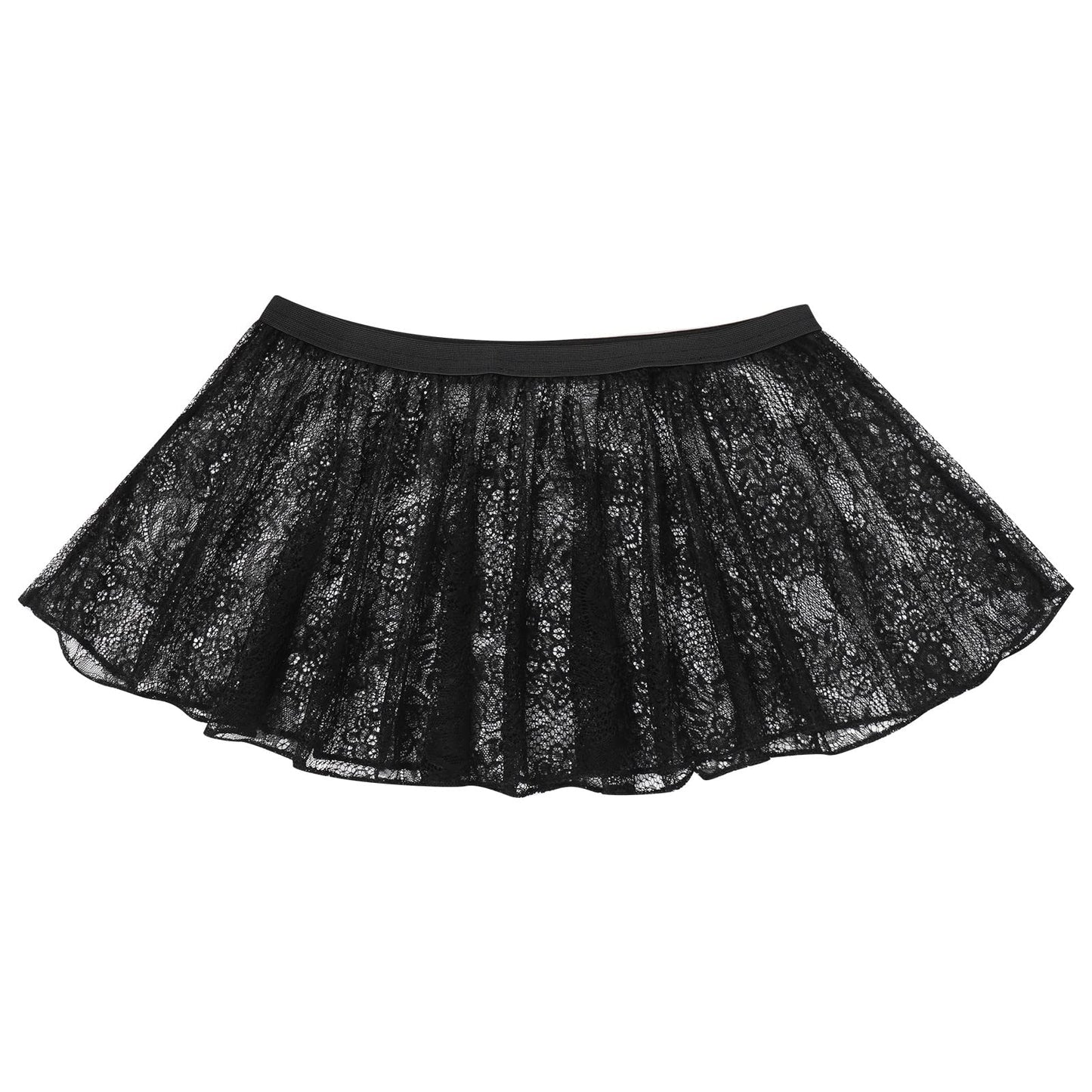 ABAFIP Sissy Skirts for Men Crossdressing Lingerie Sheer Lace Floral Flared Pleated Micro Mini Skirt Nightwear Underwear Black One Size