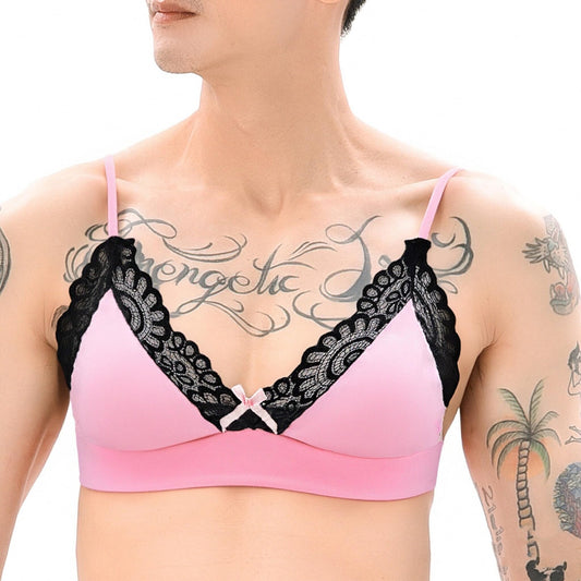 Men's Sissy Lingerie Lace Underwear Floral Bra Bowknot Strappy Bra Top Crossdressing Nightwear (Dark Pink-bra, Medium)