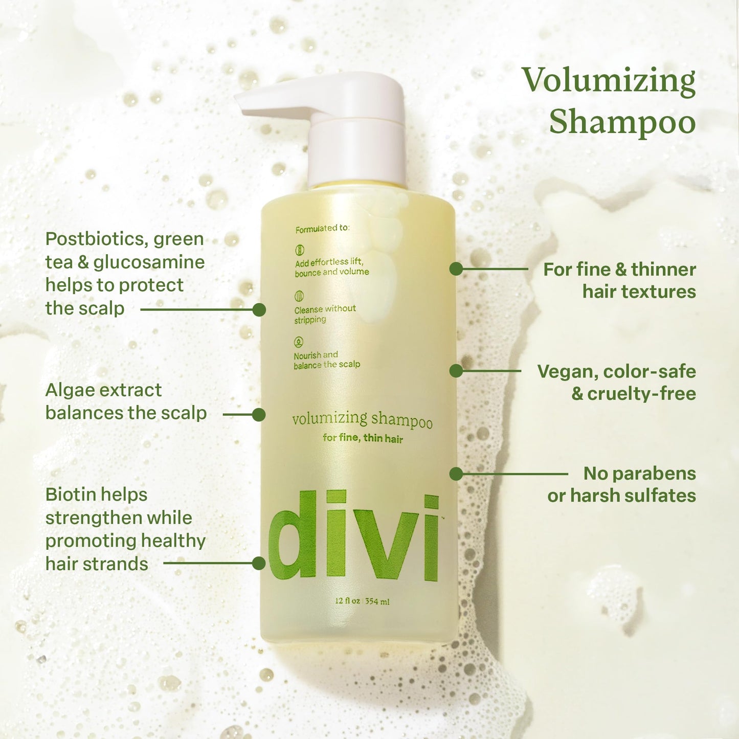 Divi Volumizing Shampoo for Women and Men - Lightweight Volume Shampoo for Fine Hair - Formulated to Cleanse, Nourish and Balance the Scalp, 12 Fl Oz.