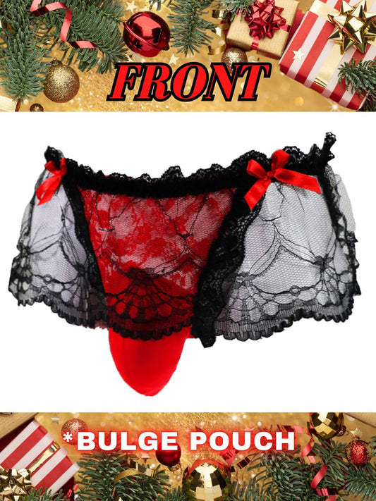 ChiaoLezhee Mens Lace Sexy Underwear, Sissy Pouch Panties Femboy For Men, Low Rise Bow Lingerie Fits 32-42, Sheer Girly, Red, One Size
