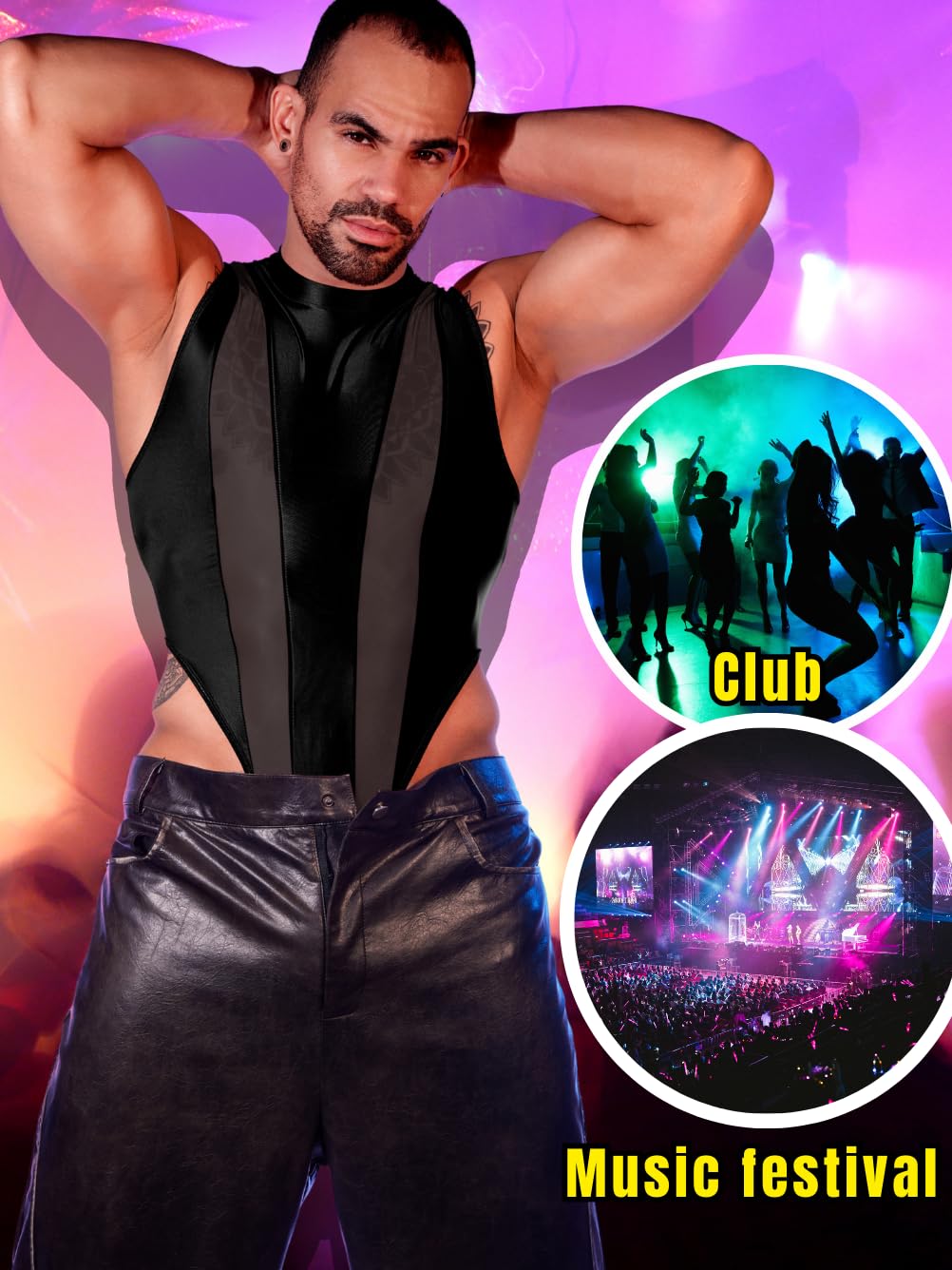 EHSUYAB Mens Sexy Lingerie, Hook Crotch Thong High Cut Bodysuit Top Rave Outfit, Glossy Mock Neck Sheer Singlet Muscle Suit Black X-Small-Small