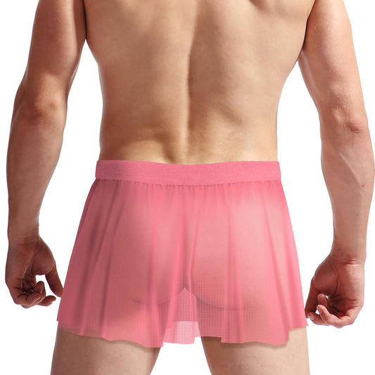 Mens Mesh Sissy Skirt Crossdressers Sexy See Through Skirts Underwear Nightclub Party Cosplay Costume (Pink)