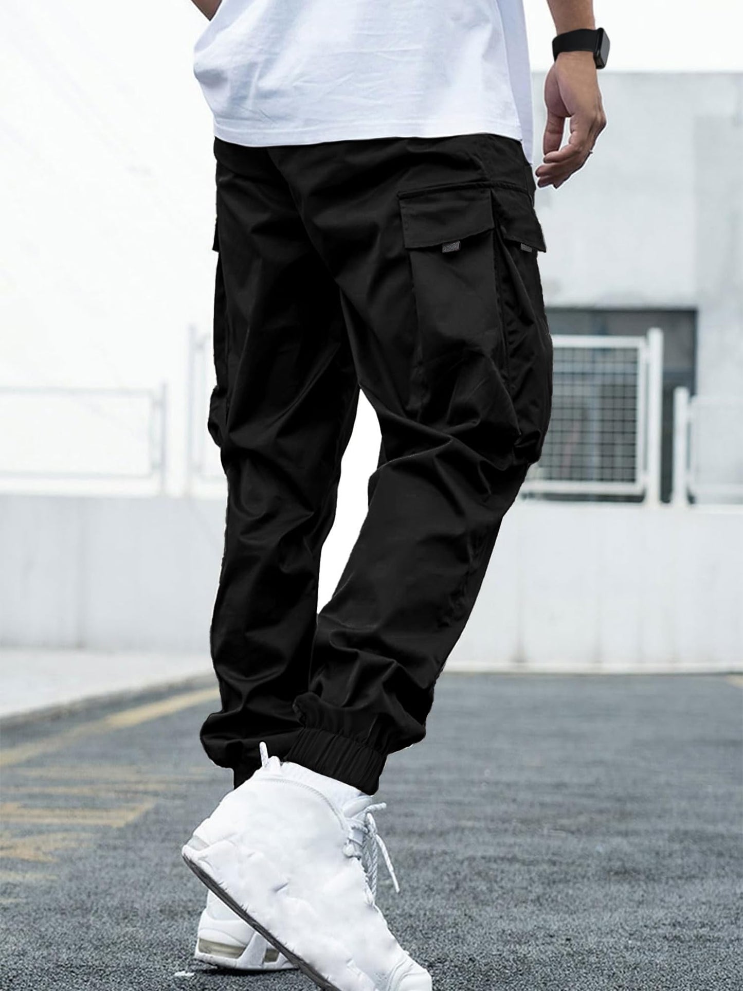 JEMLDL Joggers for Men Elastic Waist Drawstring with Flap Pockets Mens Cargo Pants Baggy Sweatpants for Men Black,38,XL