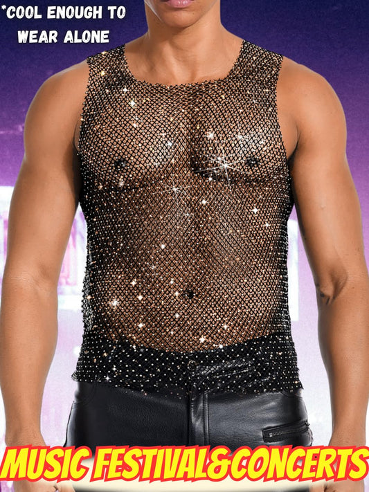 ChiaoLezhee Rhinestones Rave Outfits, Sparkly Mesh Tank Tops, Men's Sexy Sheer Fishnet Shirt for Music Festival, Crewneck Sleeveless Glitter Going Out Vest Crop Clubwear,Black,X-Large