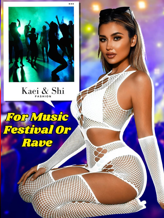 Kaei&Shi Sexy Fishnet Outfits for Women,Criss Cross Cutout Fishnets Bodysuit,Sheer Mesh Jumpsuit Bride Bridal Bachelorette Party White One Size Fits All