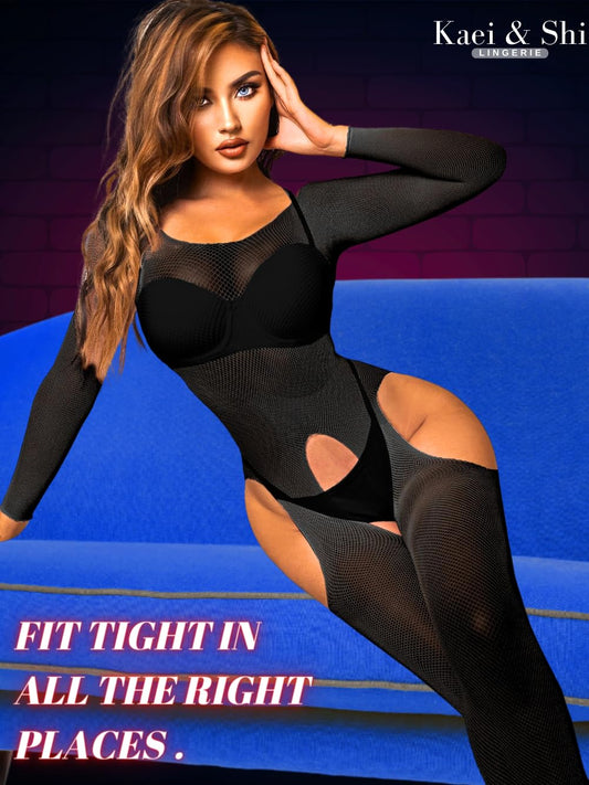 Kaei&Shi Fishnet Bodysuit For Women Fit 0-18, Sexy Long Sleeve Bodystocking, Plus Size Exotic Sheer Lingerie Glow Rave Outfit,Black