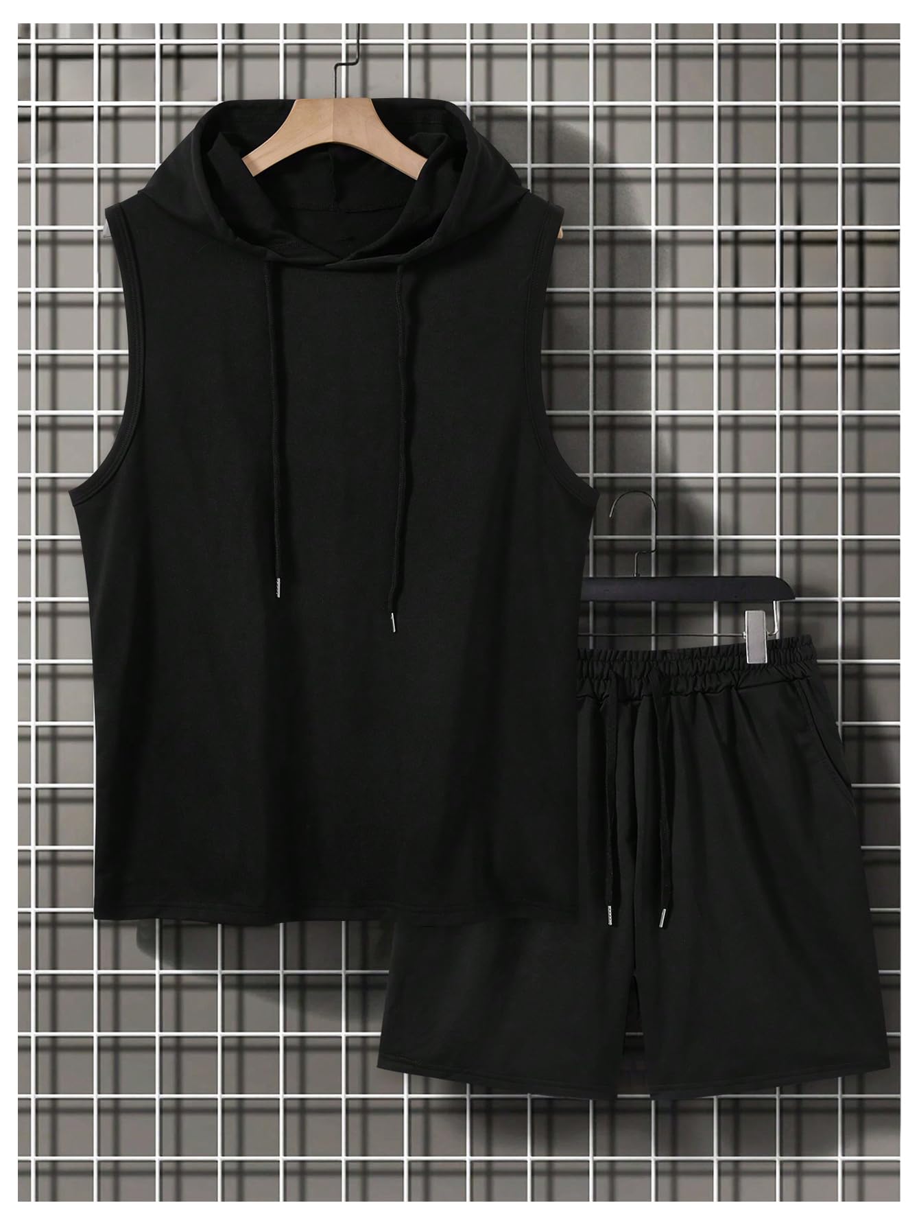 RoseSeek Men's 2 Piece Workout Tracksuit Sleeveless Hoodie Tank Top and Track Shorts Clothing Set Black Small