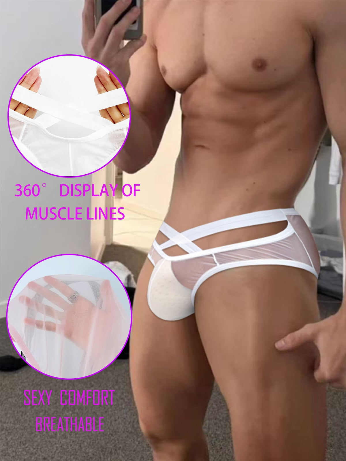 Men's Sheer Mesh Bikini Briefs, White,XL