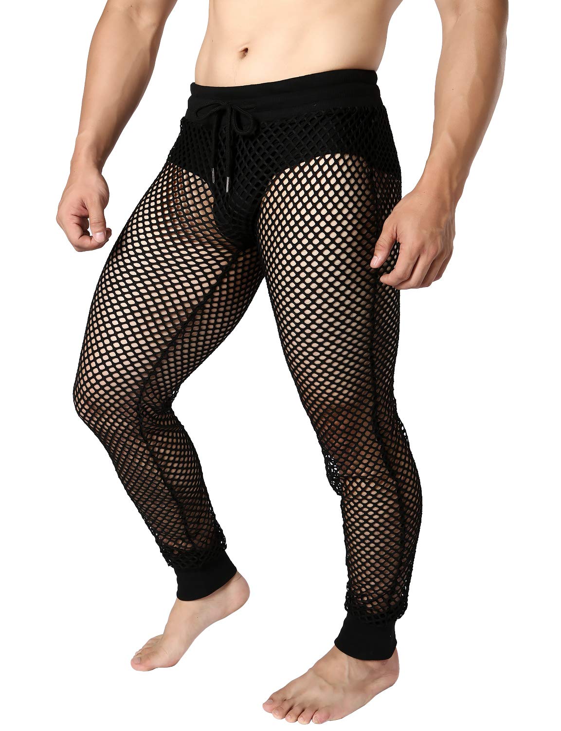 JOGAL Men's Mesh Fishnet See Through Pants Stretchy Muscle Leggings Large Black
