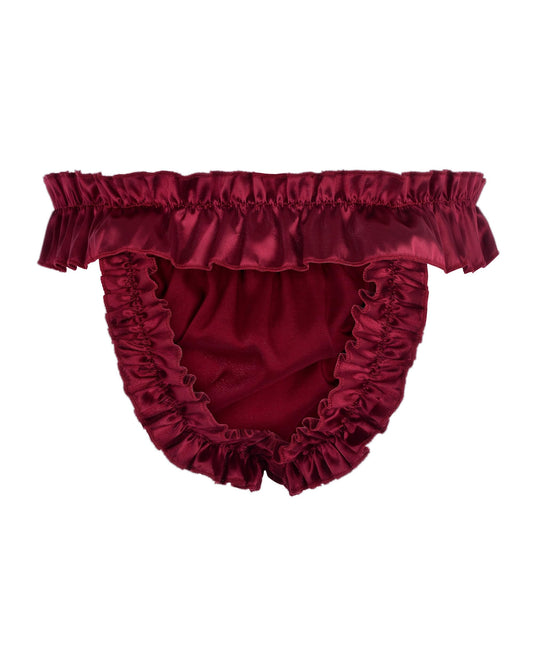 Satini Men's Satin Ruffle Bow Thong Sissy Knickers Briefs Jockstrap Panties (Wine Red, S)