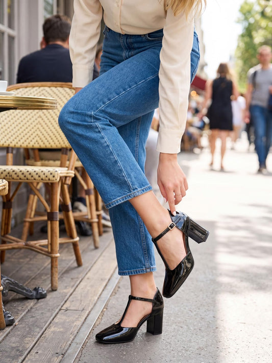 Womens Mary Jane Chunky Heels T-Strap Square Closed Toe Pumps Ankle Strap Vintage Work Dress Shoes, Black, Size 6