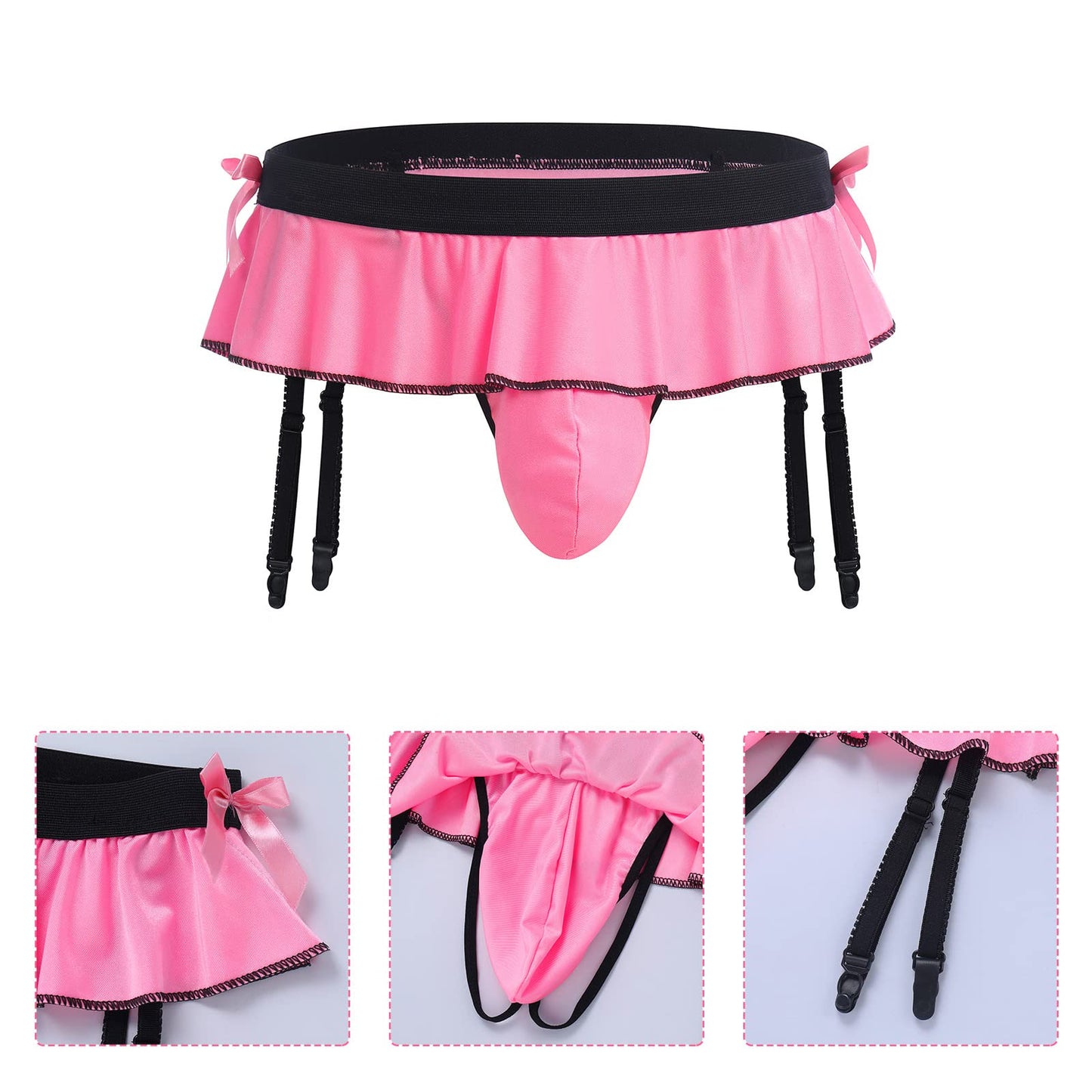 ABAFIP Men's Sissy Lingerie Skirted Garters Belt Panties Bowknot Stockings 2 Piece Crossdressing Underwear Honeymoon Valentine Nightwear set Pink-socks set One Size