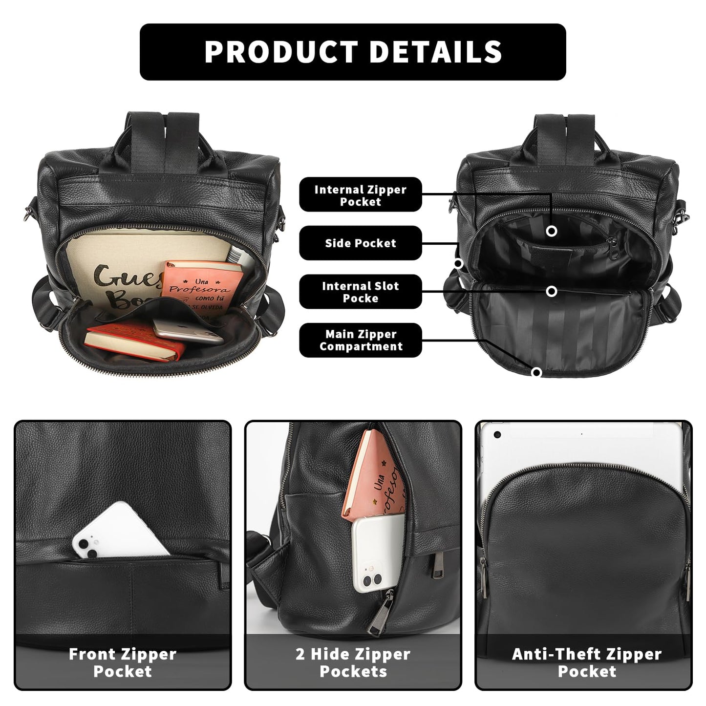 Wesccimo Genuine Leather Backpack Purse For Women Antitheft Real Soft Fashion Designer Convertible Shoulder Bag Black