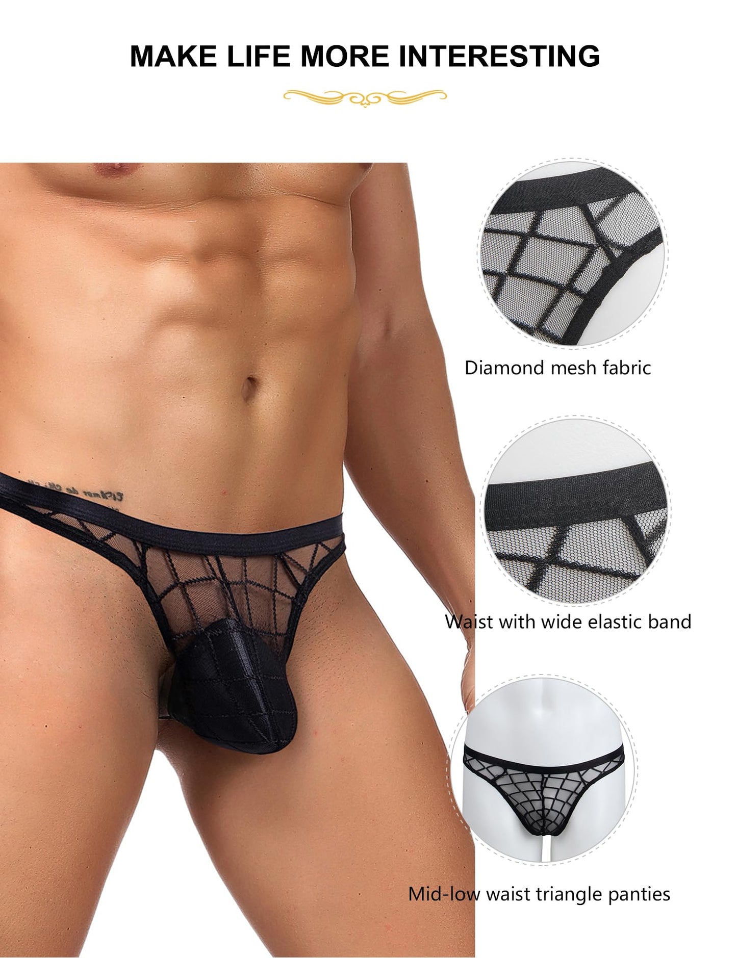 sunshinelady Mens Sexy Mesh Thong Low Rise G String T-Back See Through Underwear Black Breathable Panties for Men M