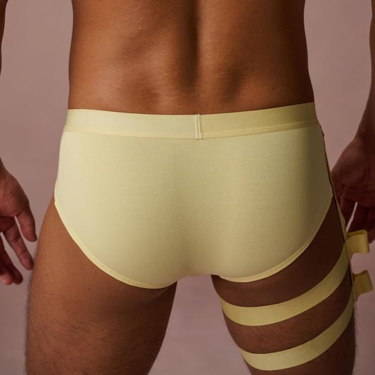 BSZN Men's Sexy Briefs, Cream Yellow Detachable Leg Strap Sexy Men Underwear, Mid High Rise Front Snap Open Pouch Vintage Metal Role Play Sexy Lingerie from L-Night Authority Badge Collection