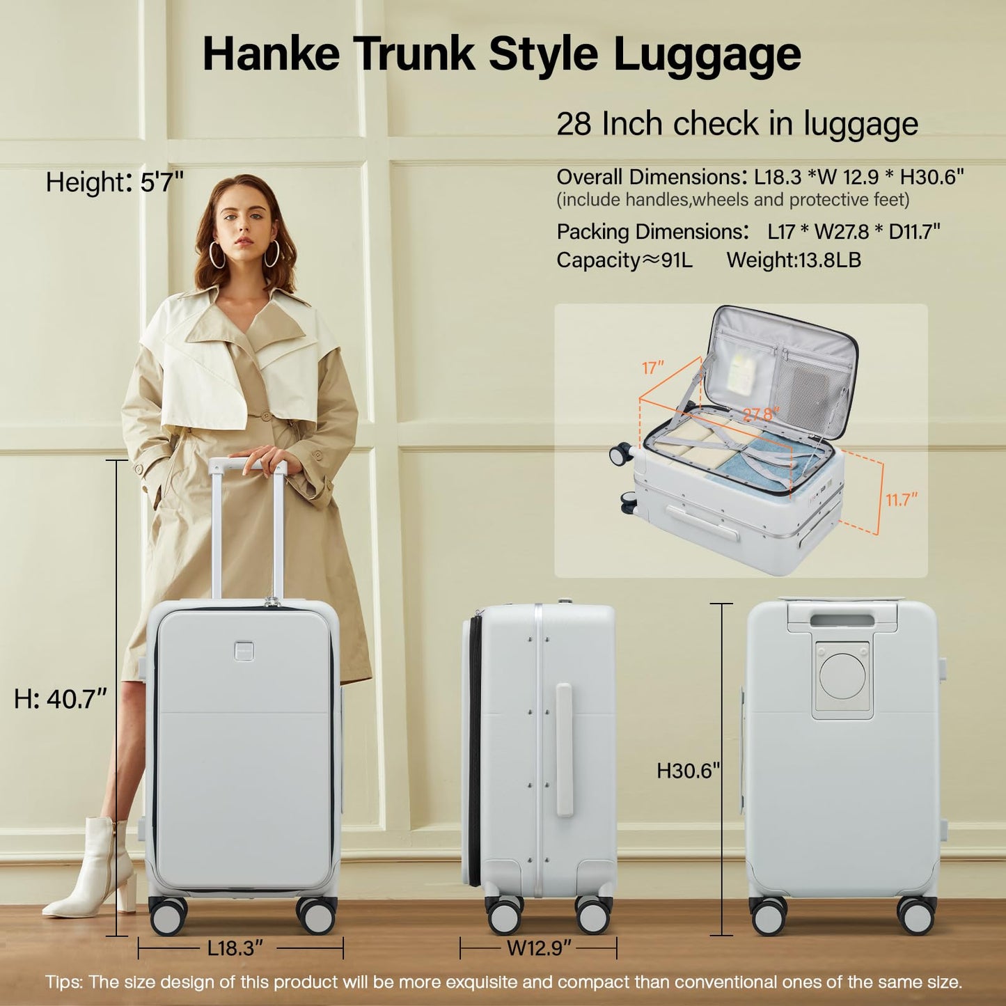 Hanke 28 Inch Luggage with Cup Holder and Charge,Top Opening Hard Shell Suitcases with Wheels and Dividers,Aluminum Frame Trunk Luggage Extra Large Suitcase with Lock for Travel,Smoke White