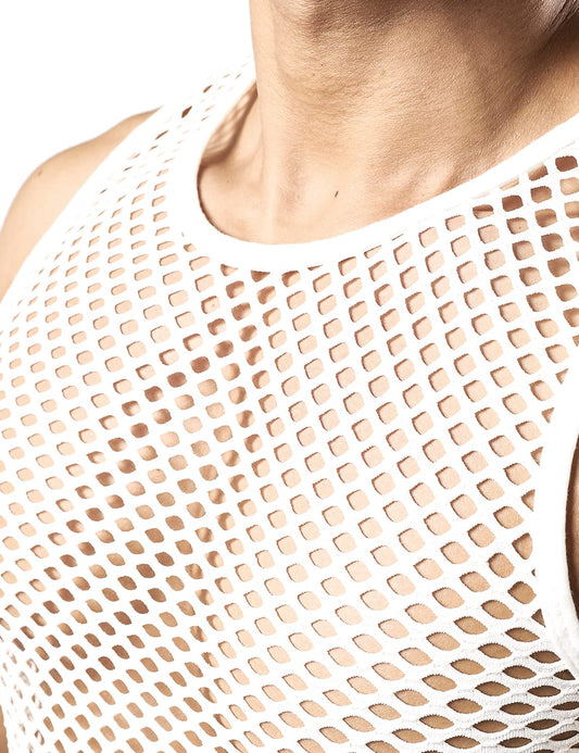 JOGAL Men's Mesh Fishnet Fitted Sleeveless Muscle Top Medium WG01 White