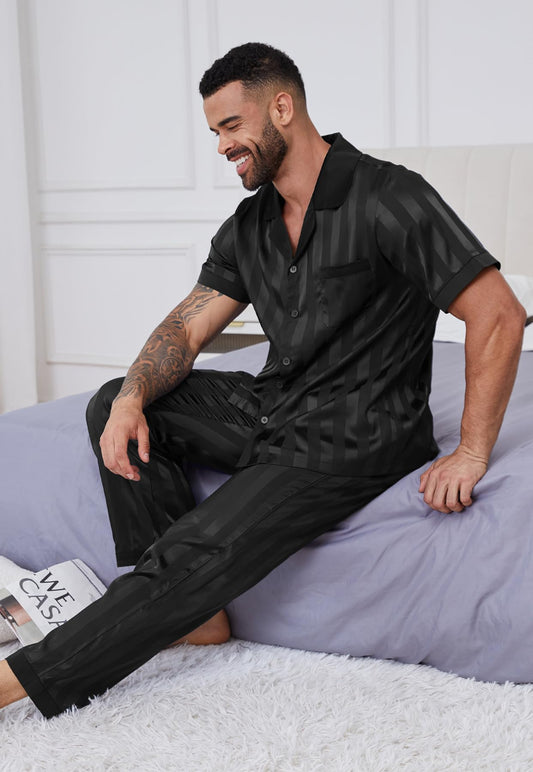 DEARCASE Mens Pajamas Set Satin Silk for Men Sexy Loungewear Black XX-Large Classic Sleepwear Long Pants Button Down Pajama 2 Piece Lingerie