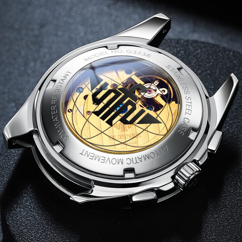 OUPINKE Watches for Men Automatic Skeleton Mechanical Luxury Cratch-Resistant Sapphire Mirror Tungsten Steel Strap Luminous Waterproof Calendar Wrist Watch Silver White