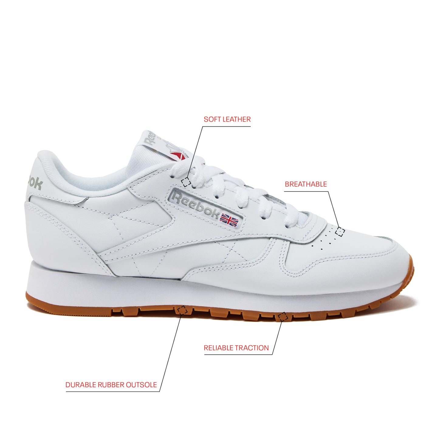 Reebok Classic Leather Sneakers for Women - Black or White Tennis Shoes Womens Size 5 to 12, Footwear White/Pure Grey3/Reebok Gum3, 8.5