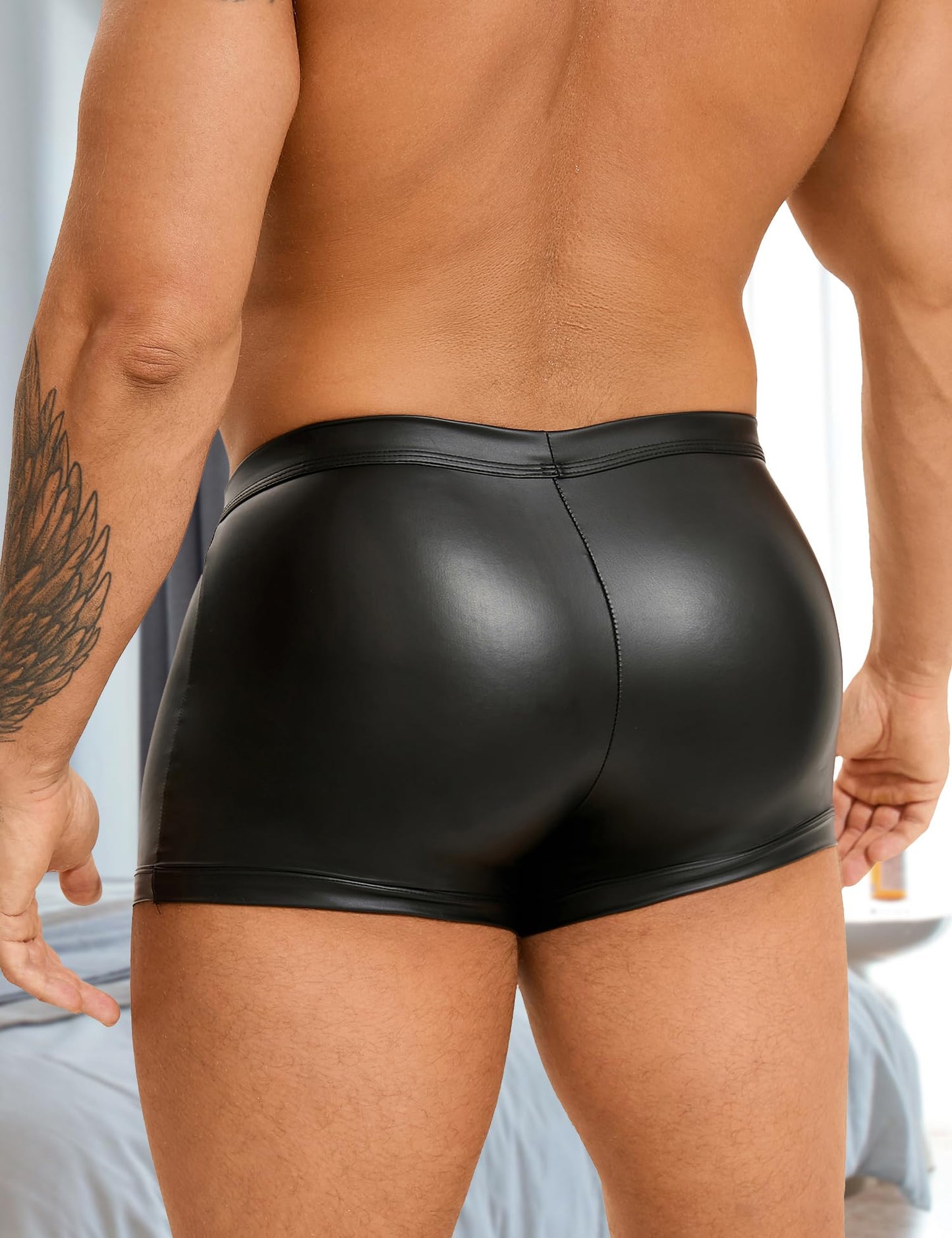 Black PU Leather Boxer Short Underwear Bulge Pouch Trunks Low Rise Bikini Panties Sexy Underwear for Men Sexy Boxer Brief Fits Large