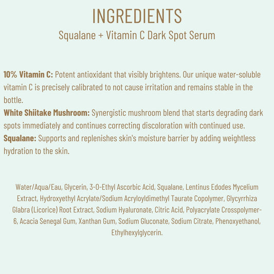 Biossance Squalane + Vitamin C Dark Spot Face Serum – 10% Vitamin C Serum & White Shiitake – Hydrating, Fragrance-Free, Non-Irritating, for Daily Use for All Skin Types, 1.01 Fl Oz