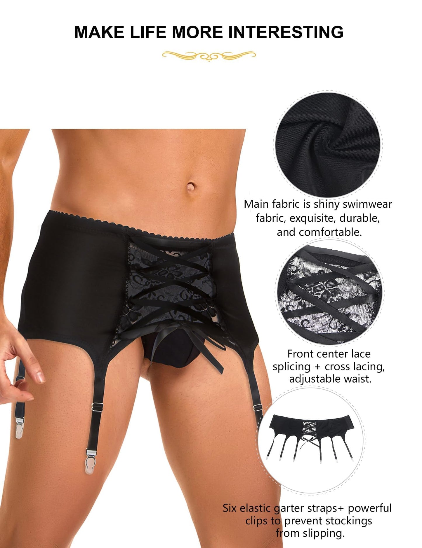 ohyeahlady Men's Sissy Gaters Belt Thong Panties lingerie Crossdressing G-string Bikini Briefs Underwear Suspender Garter Belt Black
