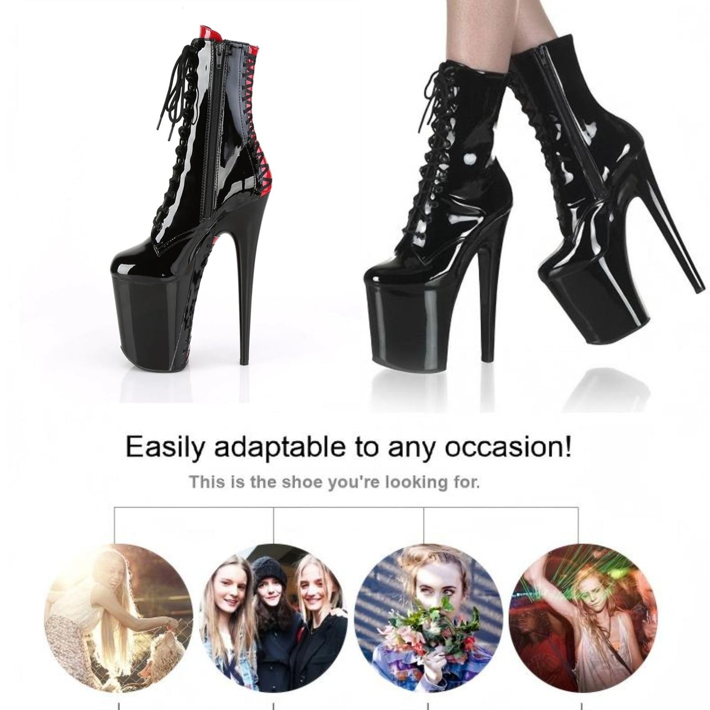 Women's Sexy High Heels, 8In Platform Stiletto Low-Top Boots, Shiny Leather Pole Dance Striptease Shoes,Black,6