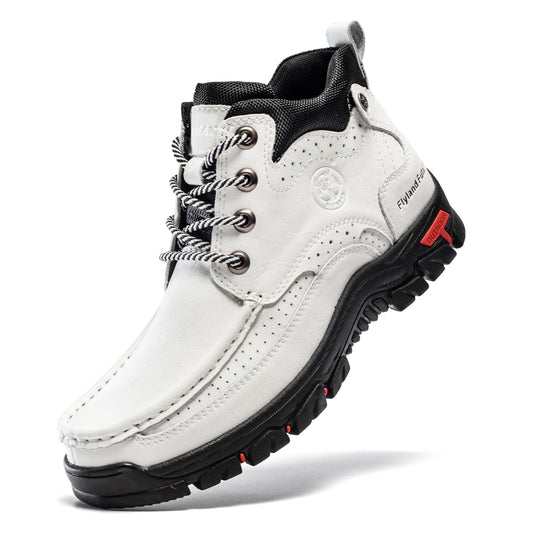 FLYLAND Men's Casual Boots Vintage Leather Ankle Dress Boot Chukka Boots Mid Top Non-Slip Driving Walking Shoes White 10.5