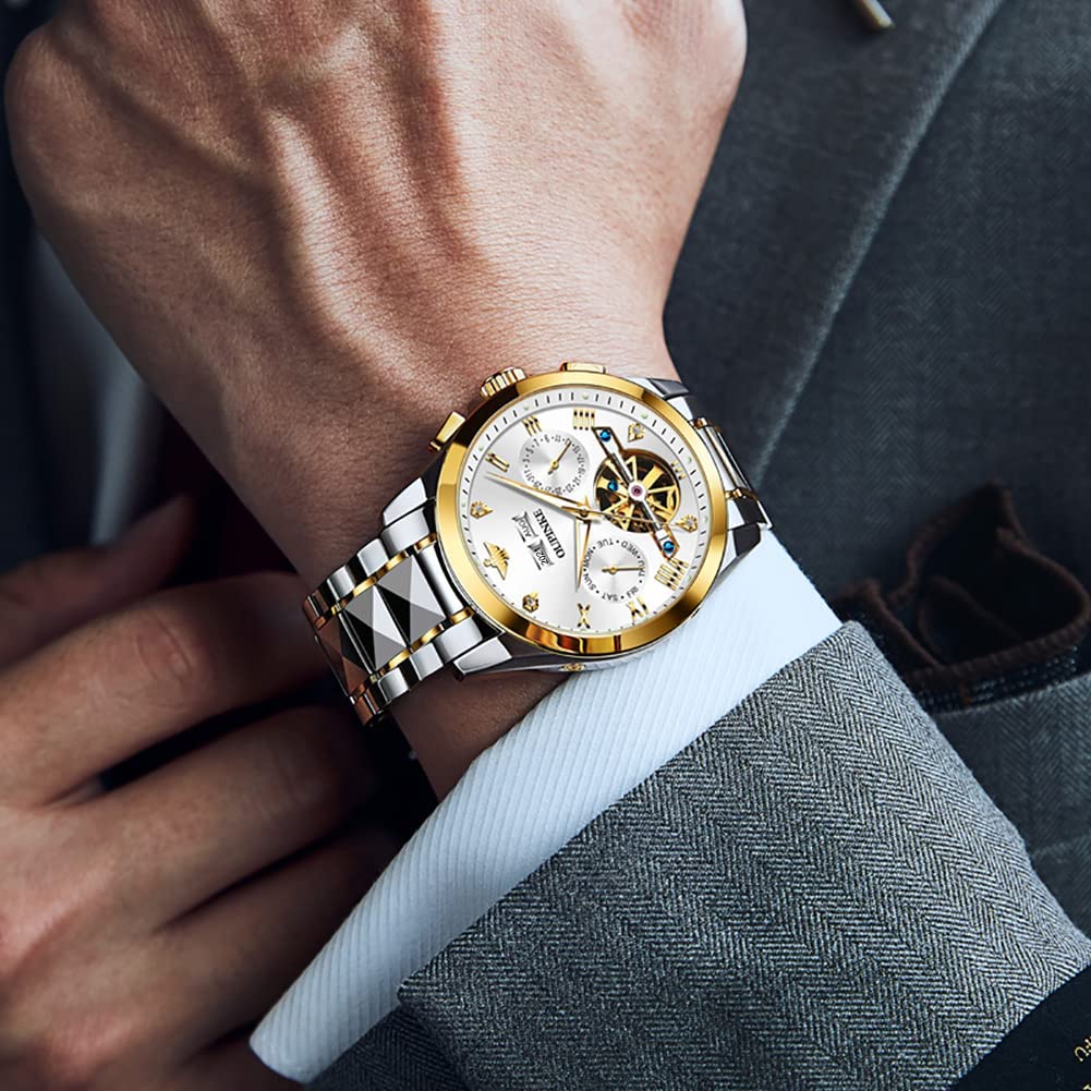 OUPINKE Mens Watches Luxury Automatic Mechanical Tungsten Steel Waterproof Tourbillon White