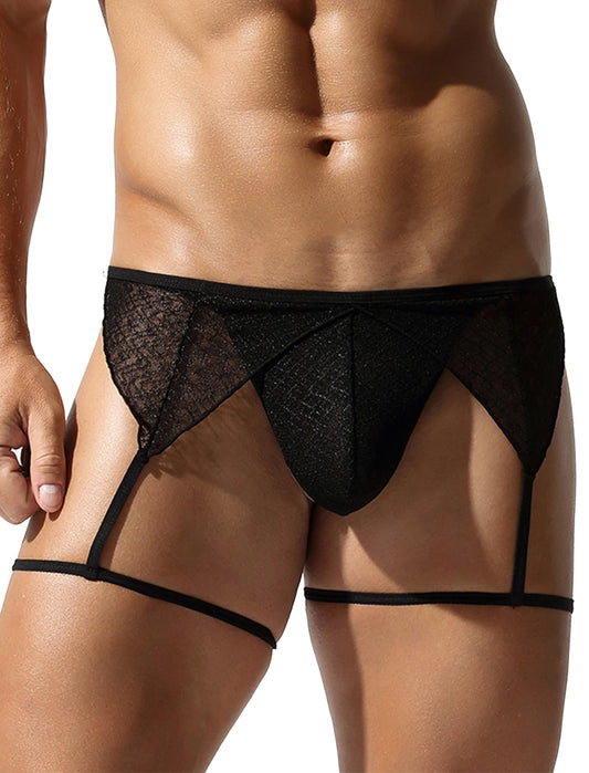 ABAFIP Men's Sissy Lingerie Sheer Mesh G-string Thong Lace Panties with Garter Band Crossdresser Underwear Black Medium