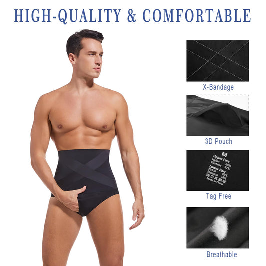 TELEWEE Men's High Waist Compression Shorts - Tummy Control Shapewear, Slimming Underwear Briefs Black