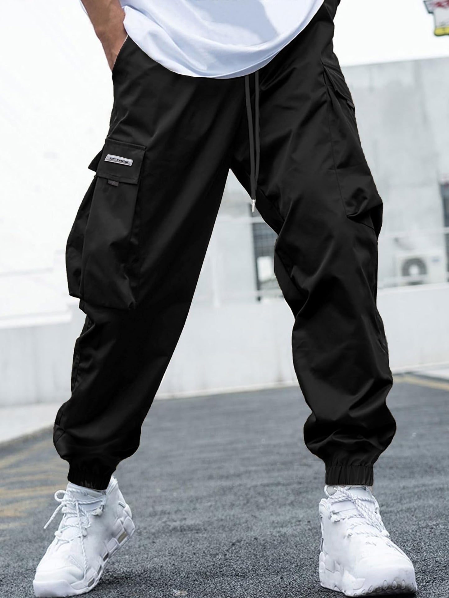 JEMLDL Joggers for Men Elastic Waist Drawstring with Flap Pockets Mens Cargo Pants Baggy Sweatpants for Men Black,38,XL