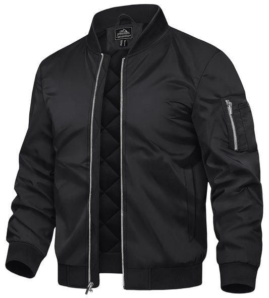 TACVASEN Men's Bomber Jackets Thermal Quilted Jacket Water Resistant Warm Winter Coats with 4-Pockets Black L