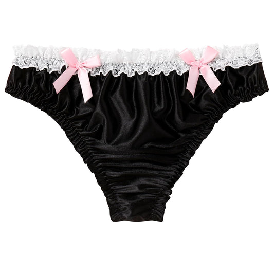 Men's Satin Frilly Lace Trim Sissy Bowknot Thong Panties Elastic Waist G-string Briefs Underwear Black X-Large