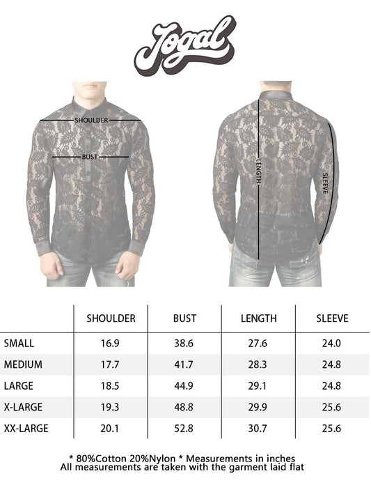 JOGAL Men's See Through Flower Lace Sheer Blouse Long Sleeve Button Down Shirts Dark Black Large