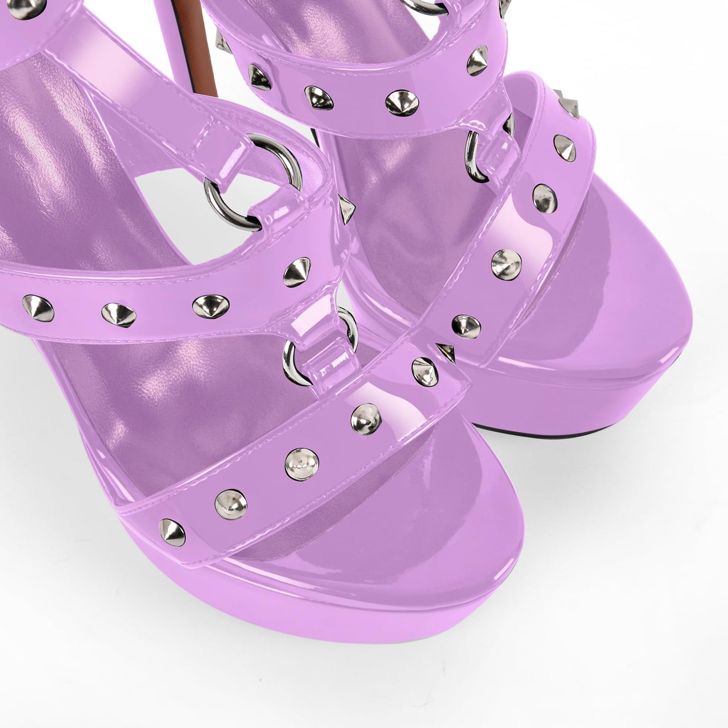 Peep Toe Stiletto Heeled Platform Sandals for Women T-strappy Buckle up Rivet Studded Open-back Summer Sandals Embellished with Grommets Light Purple Size 5