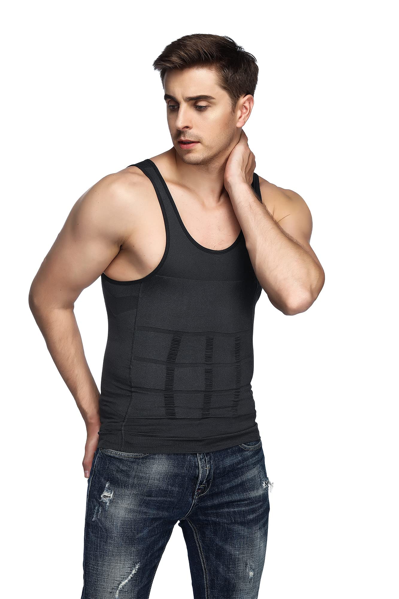 Odoland 3 Packs Men's Body Shaper Base Layer Shirt, Tummy Waist Shirt, Compression Base Layer Muscle Shape wear for Men, Grey/Black/White, M