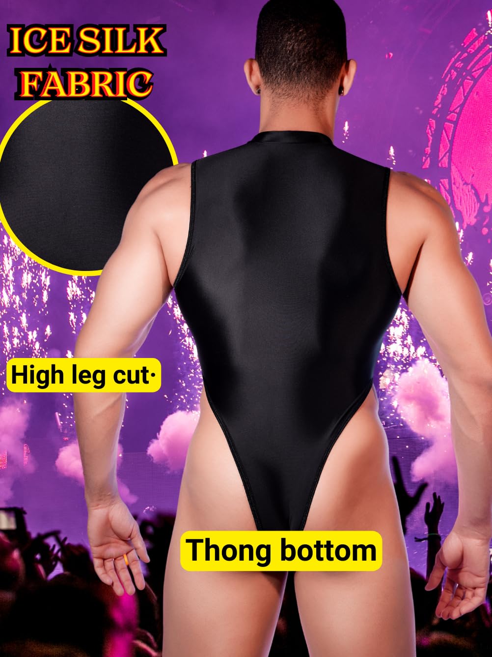 EHSUYAB Mens Sexy Lingerie, Hook Crotch Thong High Cut Bodysuit Top Rave Outfit, Glossy Mock Neck Sheer Singlet Muscle Suit Black X-Small-Small