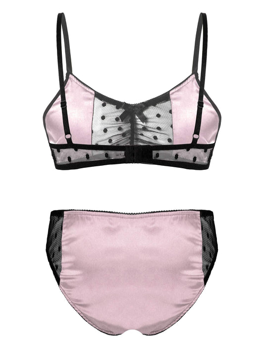 Men's 2Piece Sissy Shiny Satin Cross Dresser Lingerie Set Bra Tops with Girly Panties Pink