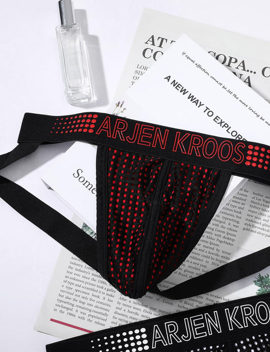 Arjen Kroos Men's Jock Strap Underwear Sexy Mesh Dotted Jockstraps Athletic Supporters for Men, Black(Red Flare), Large