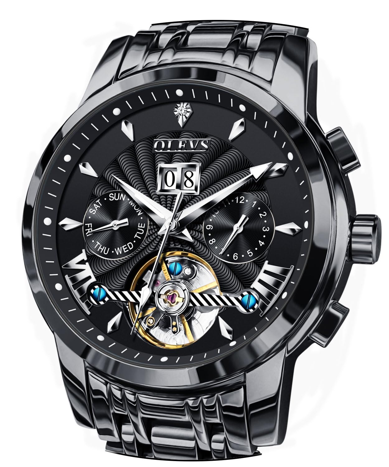 OLEVS Men Automatic Watch Luxury Skeleton Mechanical Black Wrist Watch Date Calendar Stainless Steel Waterproof Luminous Classic Business Watches