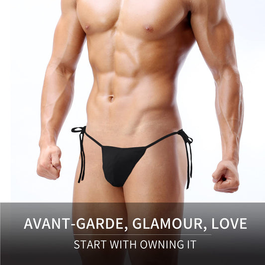 JEERLEEP Mens Sexy ice Silk Bikini Tie Side G String T Back Thongs Briefs Adjustable Underwears(Black)