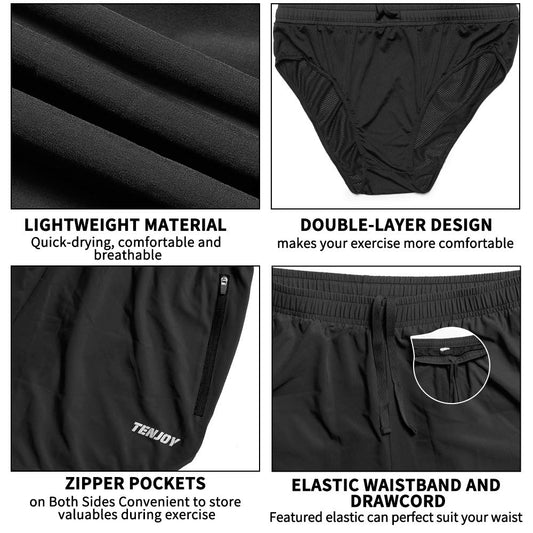 TENJOY Men's Running Shorts Gym Athletic Workout Shorts for Men 3 inch Sports Shorts with Zipper Pocket