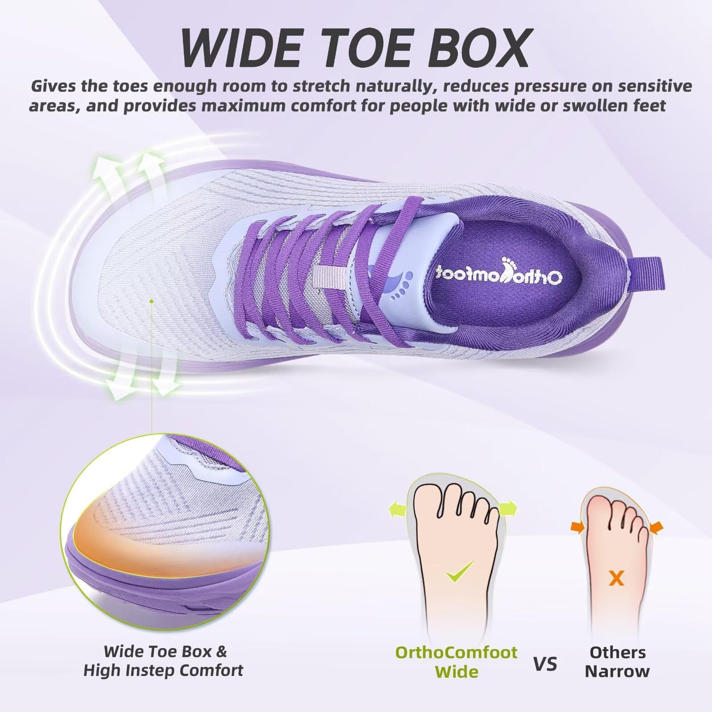 Women's Orthopedic Diabetic Wide Sneakers: Soft Arch Support Recovery Heel Spur Standing Sneakers, Fashion Plantar Fasciitis Hammer Toes Flat Feet Thick Sole Sports Shoes Purple Size 9