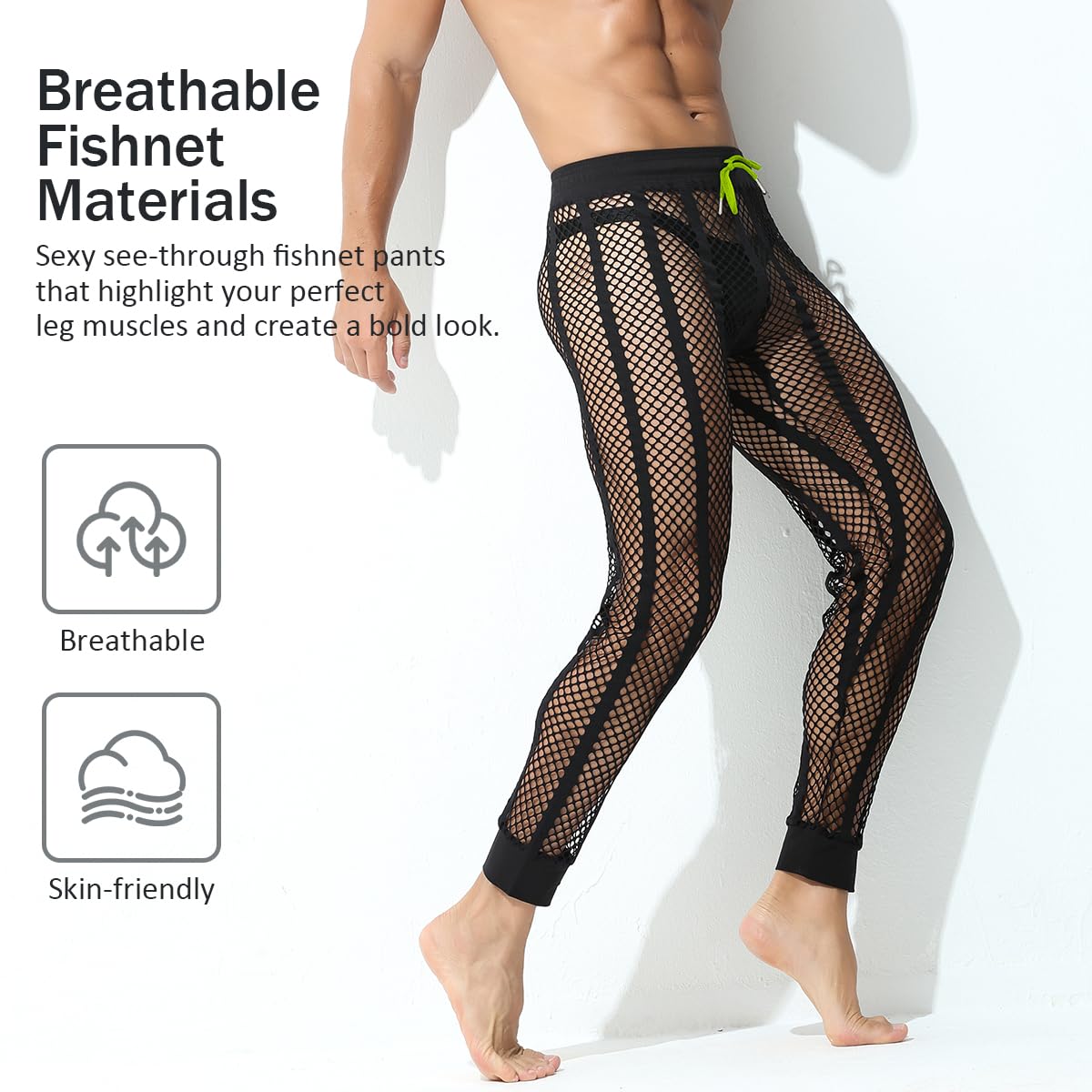 YINYOUYU Men's Fishnet Pants Drawstring Mesh See Through Bottoms Leggings Muscle Long Pants M Black