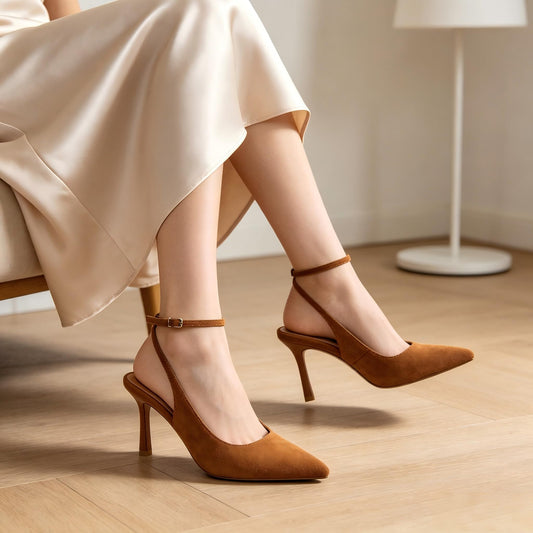 Women’s Slingback Pumps 3 Inch Stiletto Heels Pointed Toe with Ankle Strap Elegant Closed Toe High Heel Dress Shoes for Office Wedding Evening,Brown Suede,6